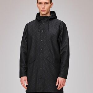 RAINS Jacket W3 Unisex Rain Jacket, Black Logo Print (Men's‎ XL / Women's XXL)